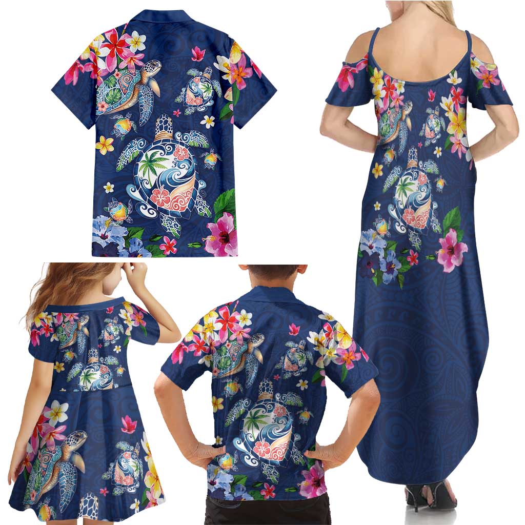 Hawaiian Turtles and Tropical Plants Family Matching Summer Maxi Dress and Hawaiian Shirt Blue Watercolor