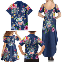 Hawaiian Turtles and Tropical Plants Family Matching Summer Maxi Dress and Hawaiian Shirt Blue Watercolor
