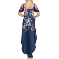 Hawaiian Turtles and Tropical Plants Family Matching Summer Maxi Dress and Hawaiian Shirt Blue Watercolor