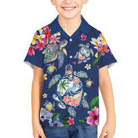 Hawaiian Turtles and Tropical Plants Family Matching Summer Maxi Dress and Hawaiian Shirt Blue Watercolor