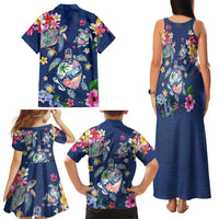 Hawaiian Turtles and Tropical Plants Family Matching Tank Maxi Dress and Hawaiian Shirt Blue Watercolor