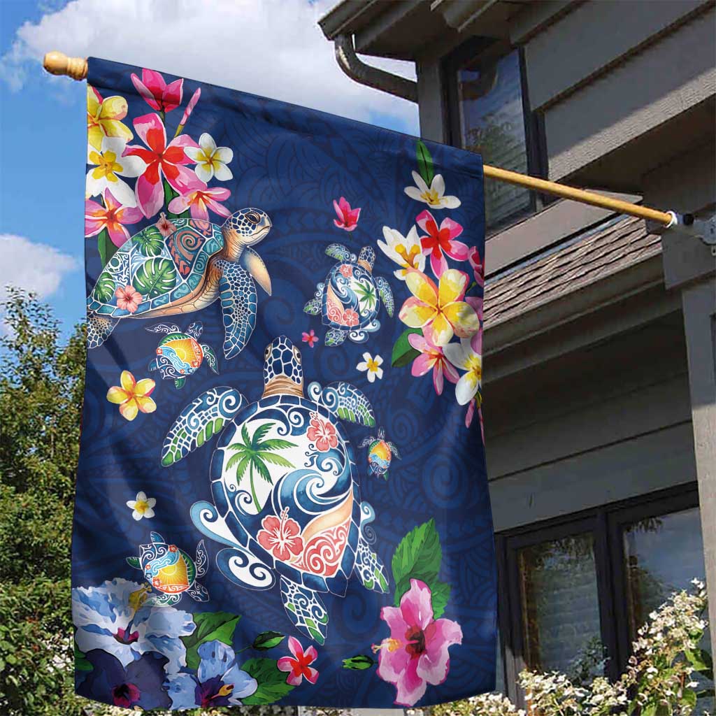 Hawaiian Turtles and Tropical Plants Garden Flag Blue Watercolor