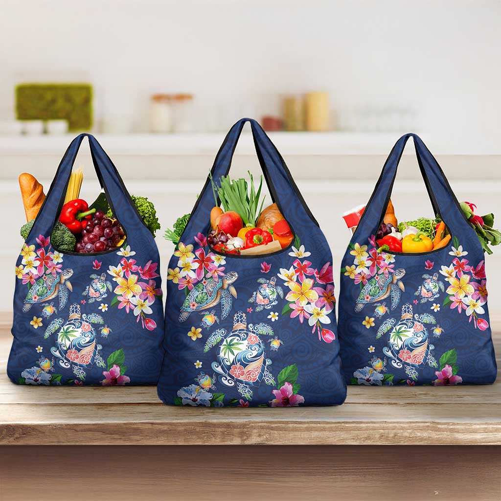 Hawaiian Turtles and Tropical Plants Grocery Bag Blue Watercolor LT03 3-pack One Size Blue - Polynesian Pride