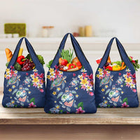 Hawaiian Turtles and Tropical Plants Grocery Bag Blue Watercolor LT03 3-pack One Size Blue - Polynesian Pride