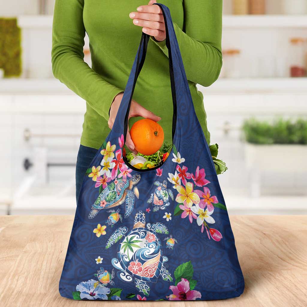 Hawaiian Turtles and Tropical Plants Grocery Bag Blue Watercolor LT03 - Polynesian Pride
