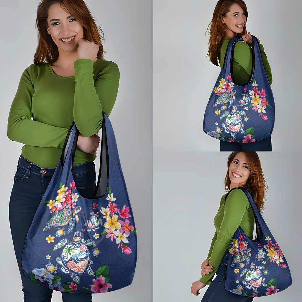 Hawaiian Turtles and Tropical Plants Grocery Bag Blue Watercolor LT03 - Polynesian Pride