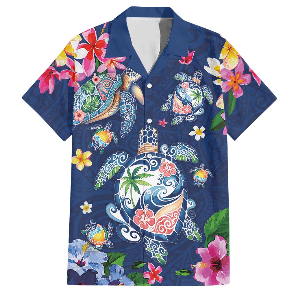 Hawaiian Turtles and Tropical Plants Hawaiian Shirt Blue Watercolor