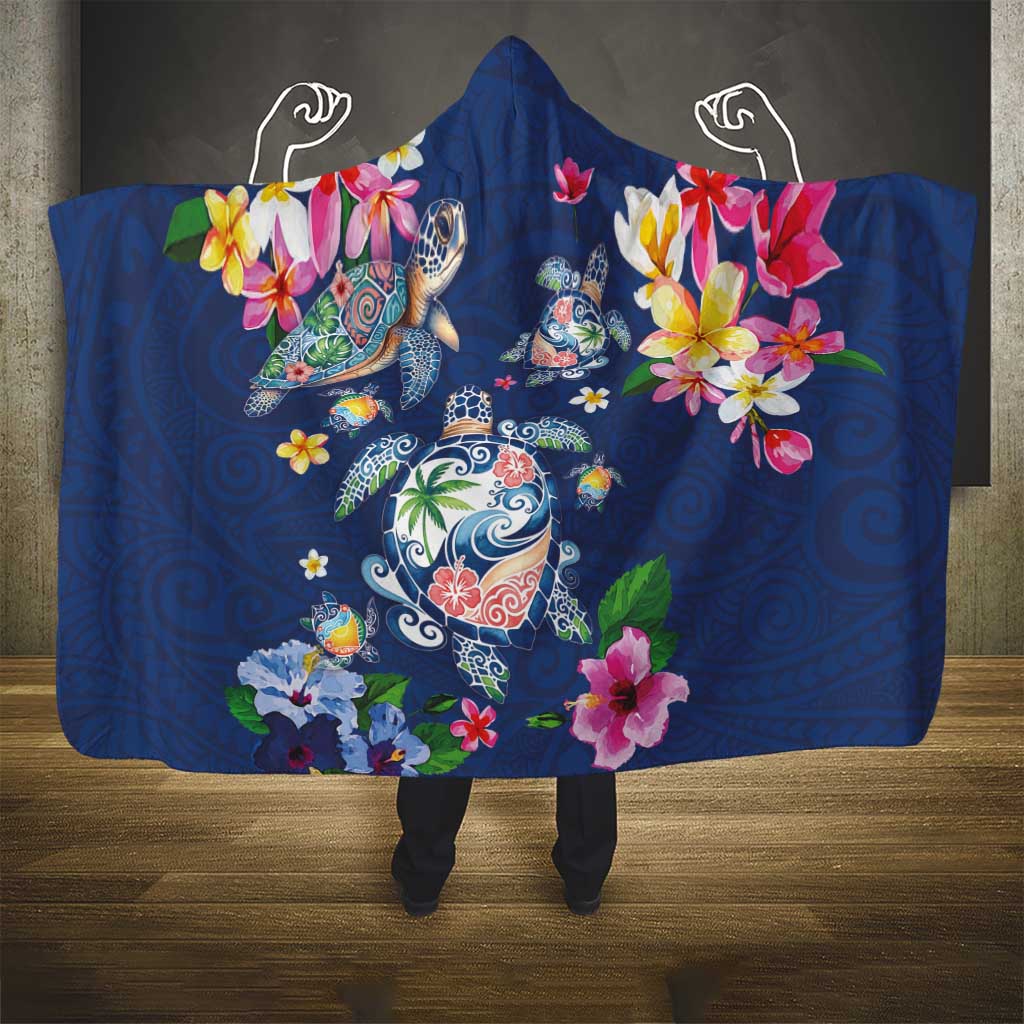 Hawaiian Turtles and Tropical Plants Hooded Blanket Blue Watercolor LT03 - Polynesian Pride