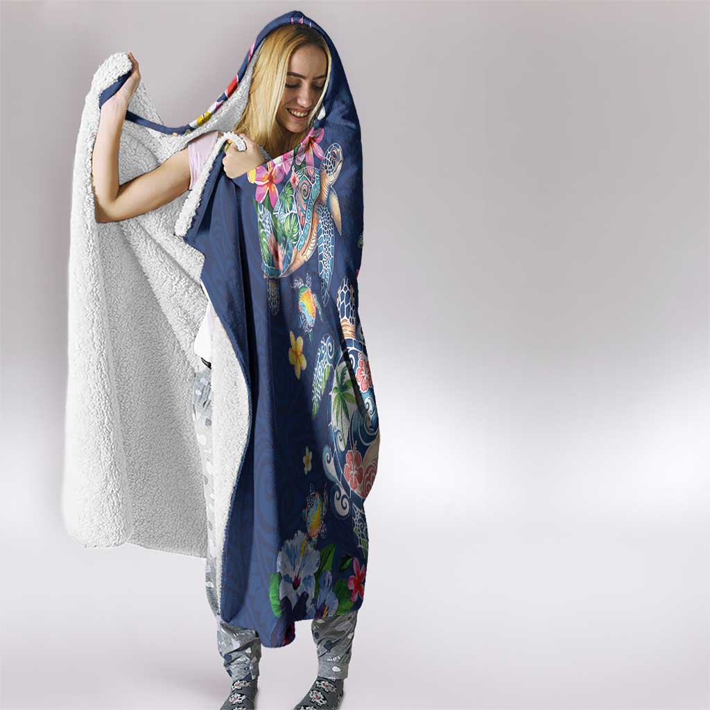 Hawaiian Turtles and Tropical Plants Hooded Blanket Blue Watercolor LT03 - Polynesian Pride