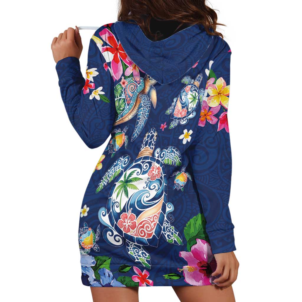 Hawaiian Turtles and Tropical Plants Hoodie Dress Blue Watercolor LT03 - Polynesian Pride