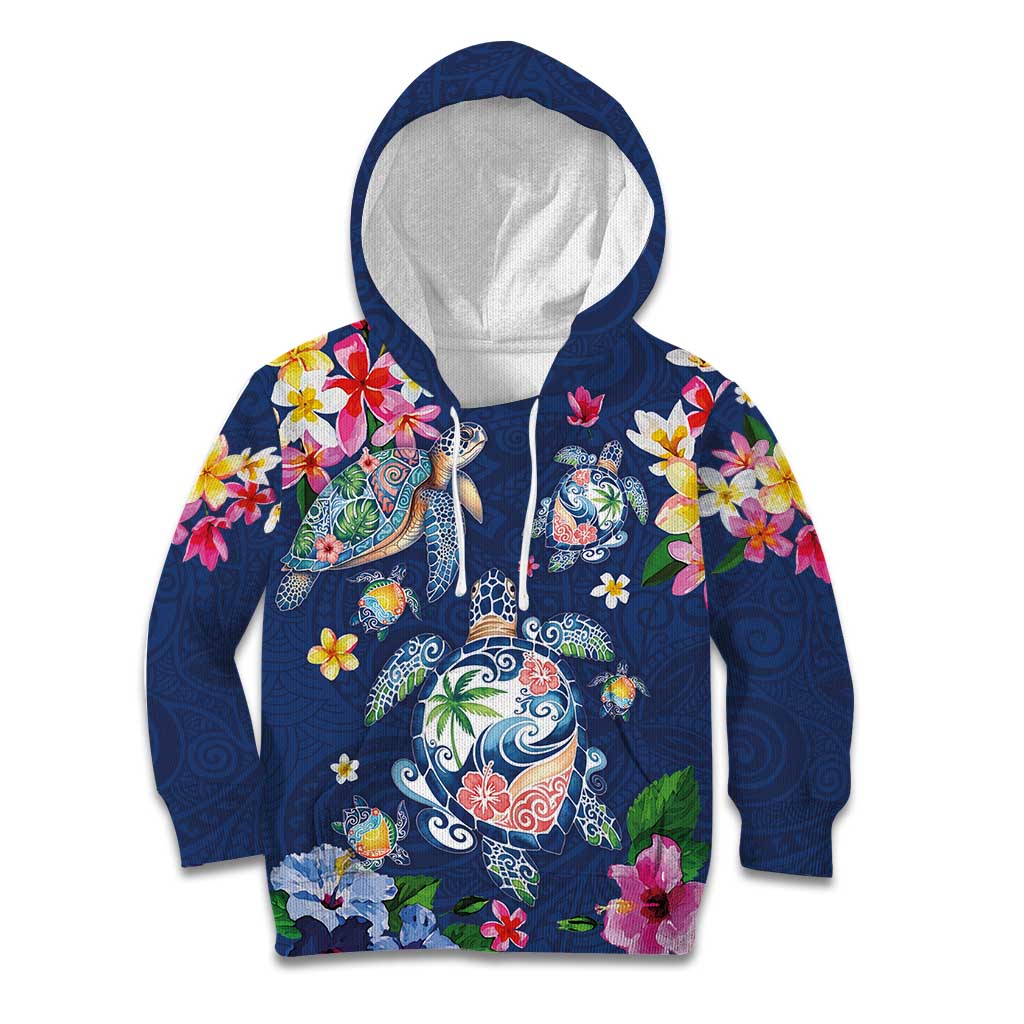 Hawaiian Turtles and Tropical Plants Kid Hoodie Blue Watercolor LT03 Hoodie Blue - Polynesian Pride