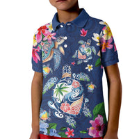 Hawaiian Turtles and Tropical Plants Kid Polo Shirt Blue Watercolor LT03 Kid Blue - Polynesian Pride