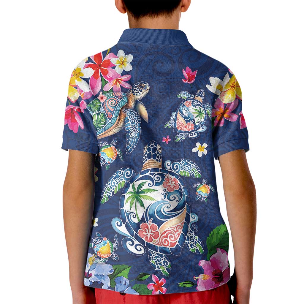Hawaiian Turtles and Tropical Plants Kid Polo Shirt Blue Watercolor LT03 - Polynesian Pride