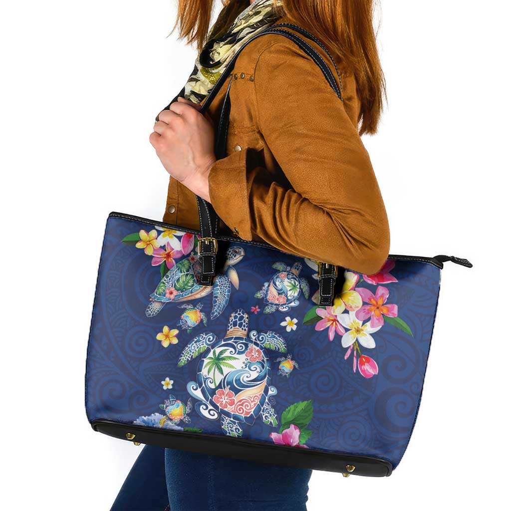 Hawaiian Turtles and Tropical Plants Leather Tote Bag Blue Watercolor LT03 Blue - Polynesian Pride