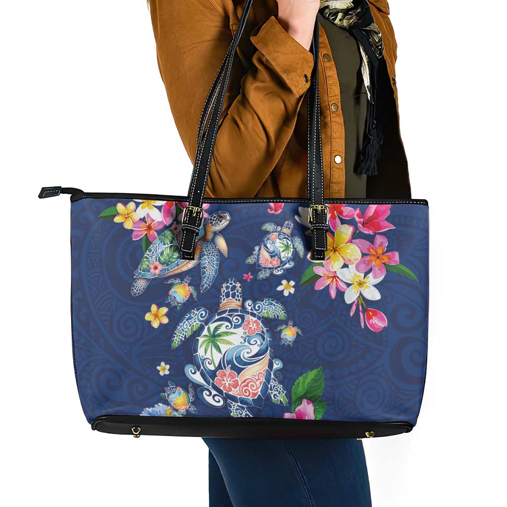 Hawaiian Turtles and Tropical Plants Leather Tote Bag Blue Watercolor LT03 - Polynesian Pride