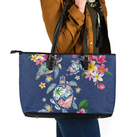 Hawaiian Turtles and Tropical Plants Leather Tote Bag Blue Watercolor LT03 - Polynesian Pride