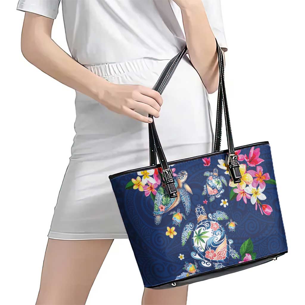 Hawaiian Turtles and Tropical Plants Leather Tote Bag Blue Watercolor LT03 - Polynesian Pride