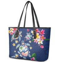 Hawaiian Turtles and Tropical Plants Leather Tote Bag Blue Watercolor LT03 - Polynesian Pride