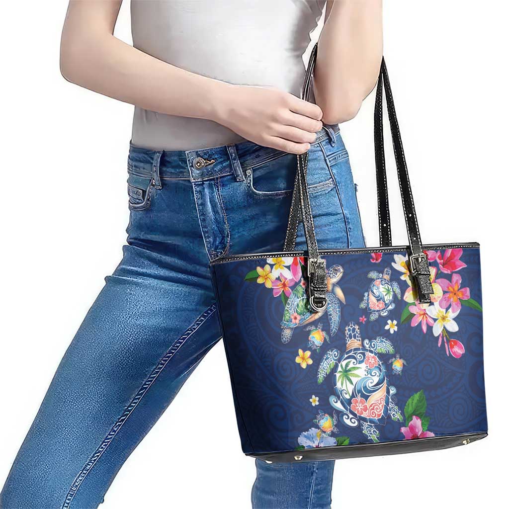 Hawaiian Turtles and Tropical Plants Leather Tote Bag Blue Watercolor LT03 - Polynesian Pride