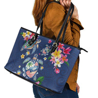 Hawaiian Turtles and Tropical Plants Leather Tote Bag Blue Watercolor LT03 - Polynesian Pride
