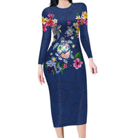 Hawaiian Turtles and Tropical Plants Long Sleeve Bodycon Dress Blue Watercolor LT03 Long Dress Blue - Polynesian Pride