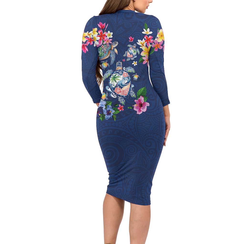 Hawaiian Turtles and Tropical Plants Long Sleeve Bodycon Dress Blue Watercolor LT03 - Polynesian Pride