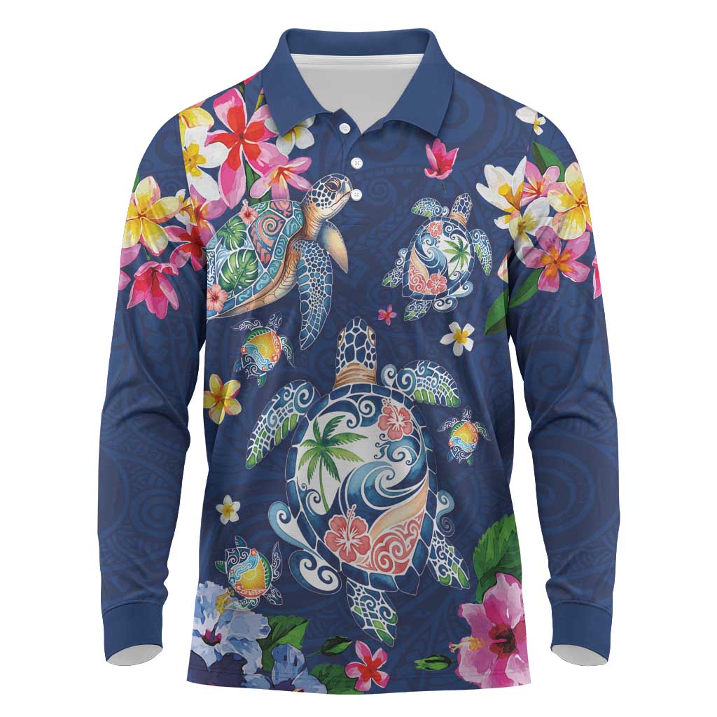 Hawaiian Turtles and Tropical Plants Long Sleeve Polo Shirt Blue Watercolor LT03 Blue - Polynesian Pride