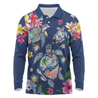 Hawaiian Turtles and Tropical Plants Long Sleeve Polo Shirt Blue Watercolor LT03 Blue - Polynesian Pride