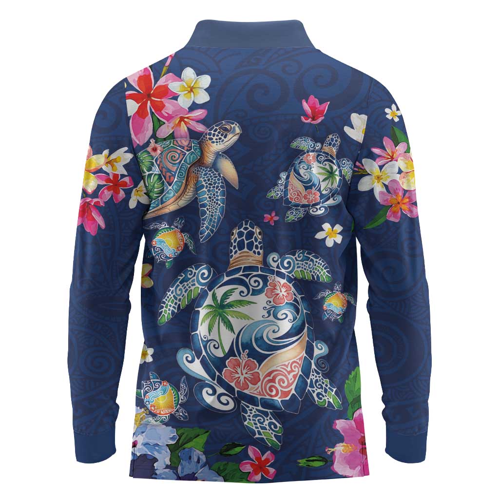 Hawaiian Turtles and Tropical Plants Long Sleeve Polo Shirt Blue Watercolor LT03 - Polynesian Pride