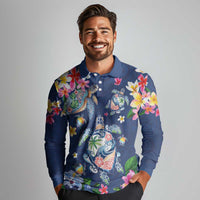 Hawaiian Turtles and Tropical Plants Long Sleeve Polo Shirt Blue Watercolor LT03 - Polynesian Pride
