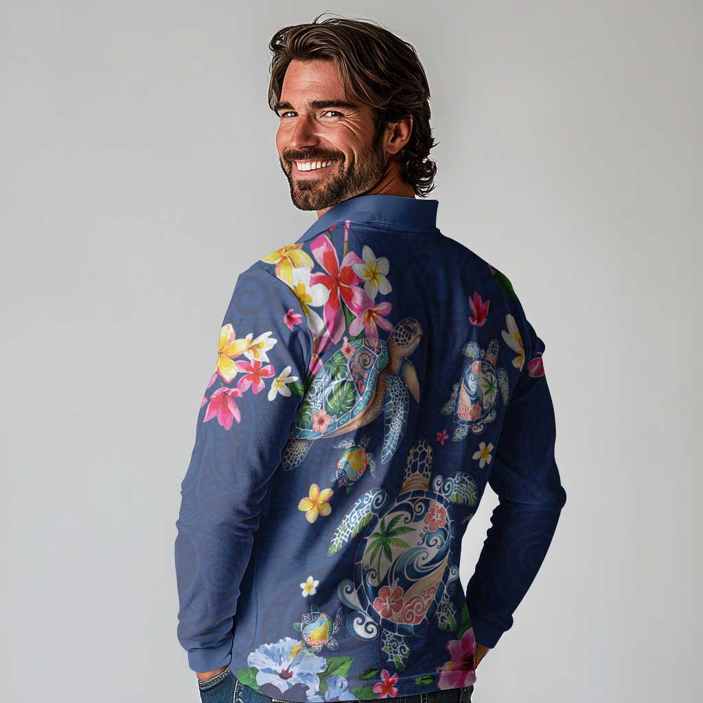 Hawaiian Turtles and Tropical Plants Long Sleeve Polo Shirt Blue Watercolor LT03 - Polynesian Pride