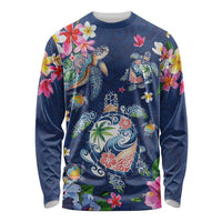 Hawaiian Turtles and Tropical Plants Long Sleeve Shirt Blue Watercolor LT03 Unisex Blue - Polynesian Pride