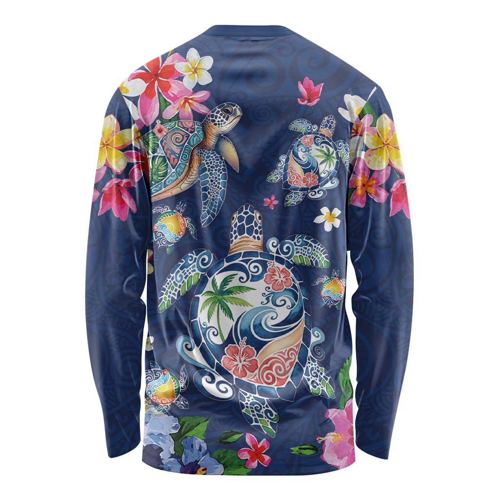 Hawaiian Turtles and Tropical Plants Long Sleeve Shirt Blue Watercolor LT03 - Polynesian Pride