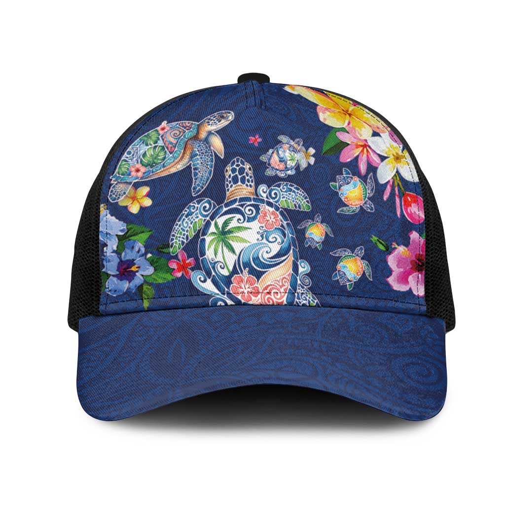 Hawaiian Turtles and Tropical Plants Mesh Trucker Cap Blue Watercolor LT03 One Size Black Blue - Polynesian Pride