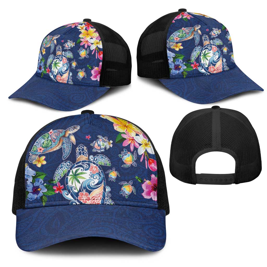 Hawaiian Turtles and Tropical Plants Mesh Trucker Cap Blue Watercolor LT03 - Polynesian Pride