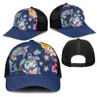Hawaiian Turtles and Tropical Plants Mesh Trucker Cap Blue Watercolor LT03 - Polynesian Pride