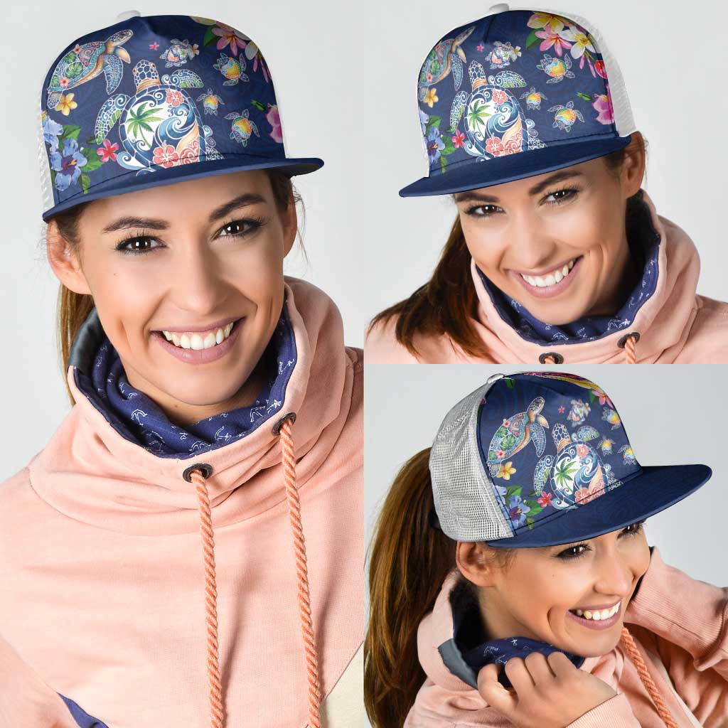 Hawaiian Turtles and Tropical Plants Mesh Trucker Cap Blue Watercolor LT03 - Polynesian Pride