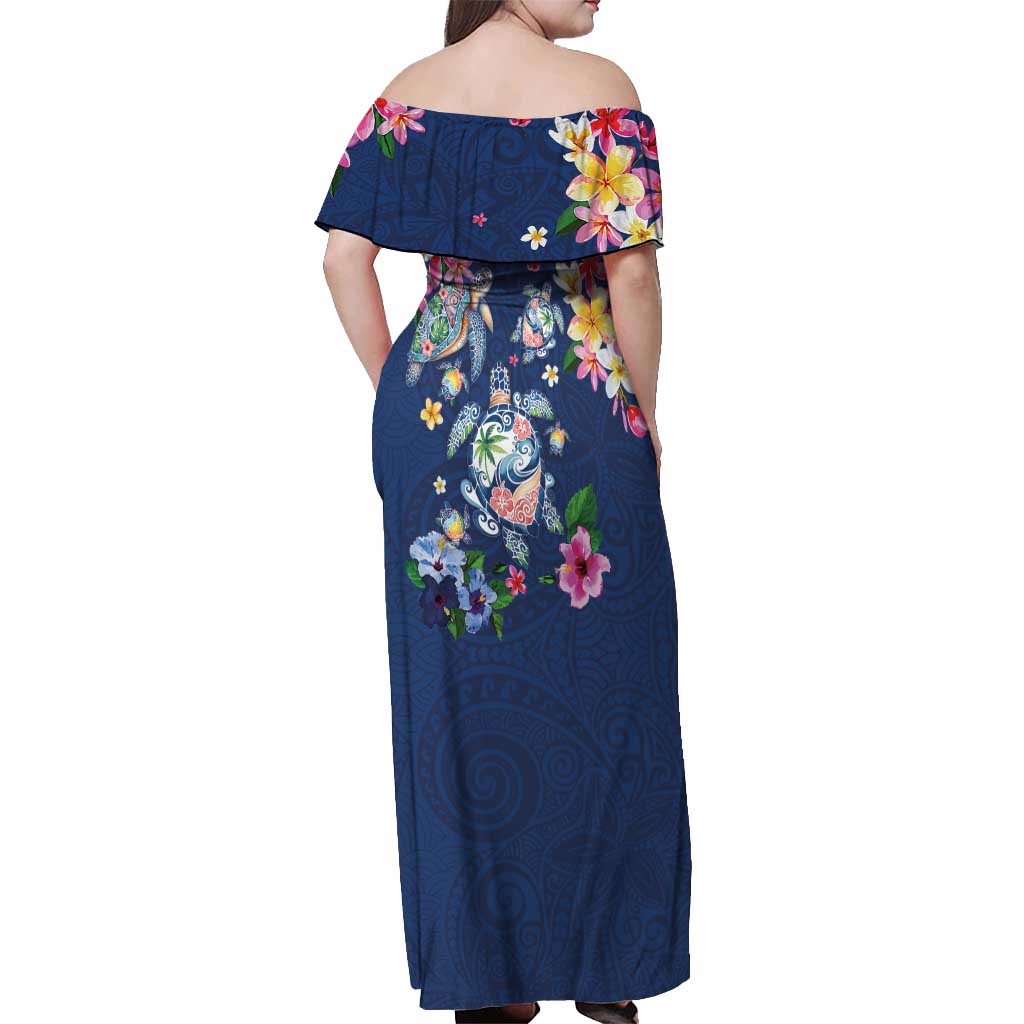 Hawaiian Turtles and Tropical Plants Off Shoulder Maxi Dress Blue Watercolor LT03 - Polynesian Pride