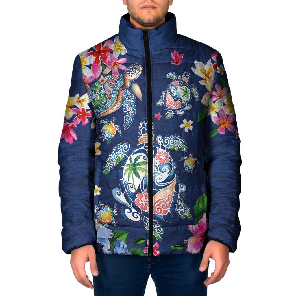 Hawaiian Turtles and Tropical Plants Padded Jacket Blue Watercolor LT03 Men Blue - Polynesian Pride