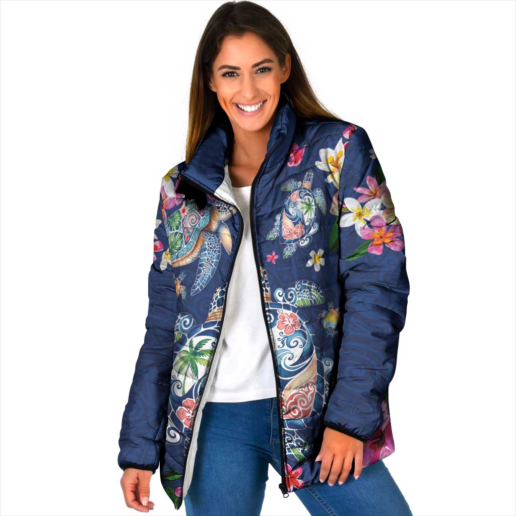 Hawaiian Turtles and Tropical Plants Padded Jacket Blue Watercolor LT03 Women Blue - Polynesian Pride