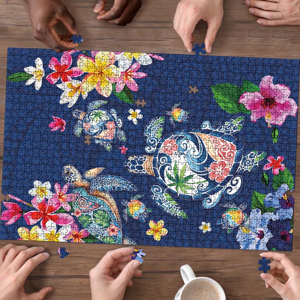 Hawaiian Turtles and Tropical Plants Puzzle Blue Watercolor LT03 - Polynesian Pride