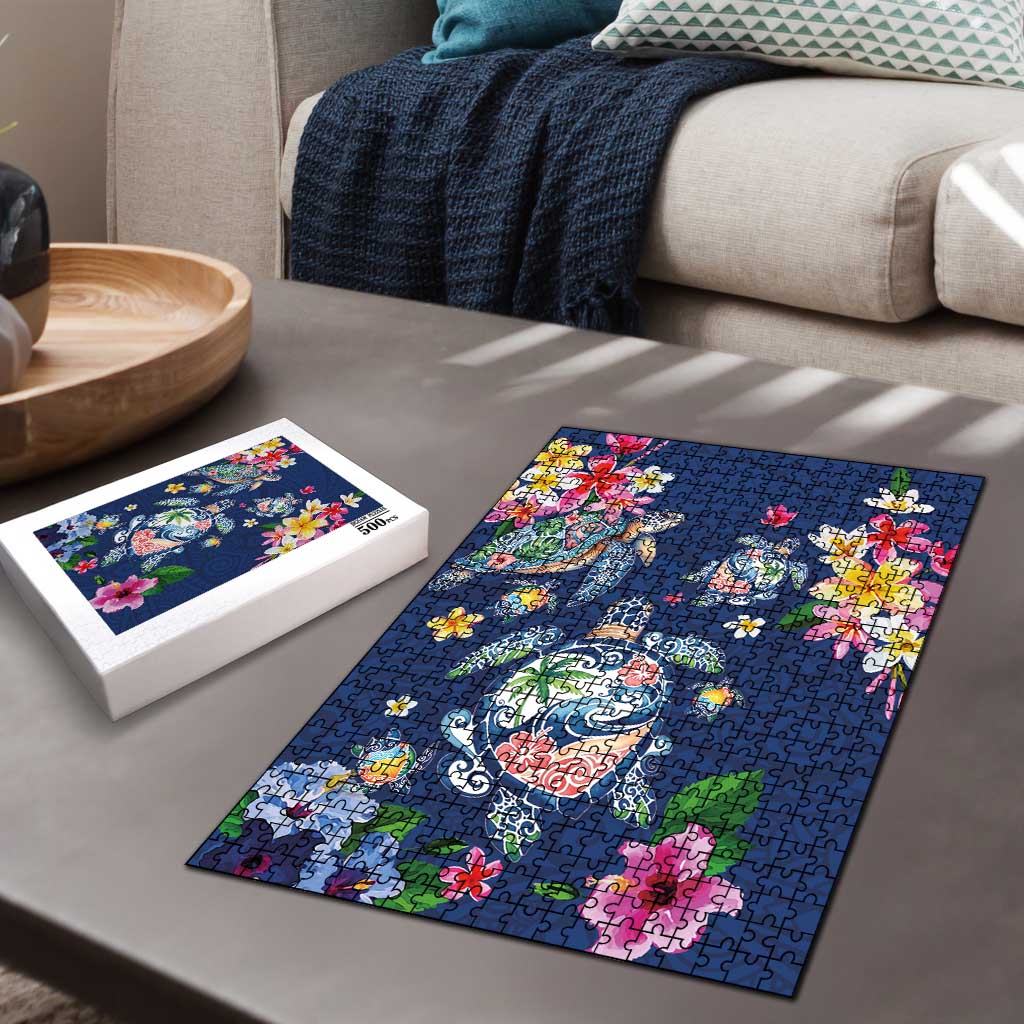 Hawaiian Turtles and Tropical Plants Puzzle Blue Watercolor LT03 - Polynesian Pride