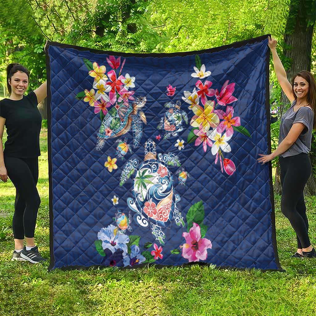 Hawaiian Turtles and Tropical Plants Quilt Blue Watercolor LT03 - Polynesian Pride