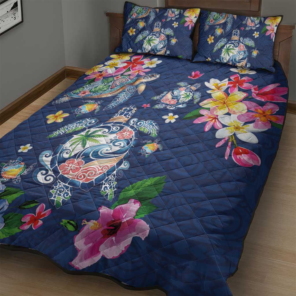 Hawaiian Turtles and Tropical Plants Quilt Bed Set Blue Watercolor LT03 - Polynesian Pride