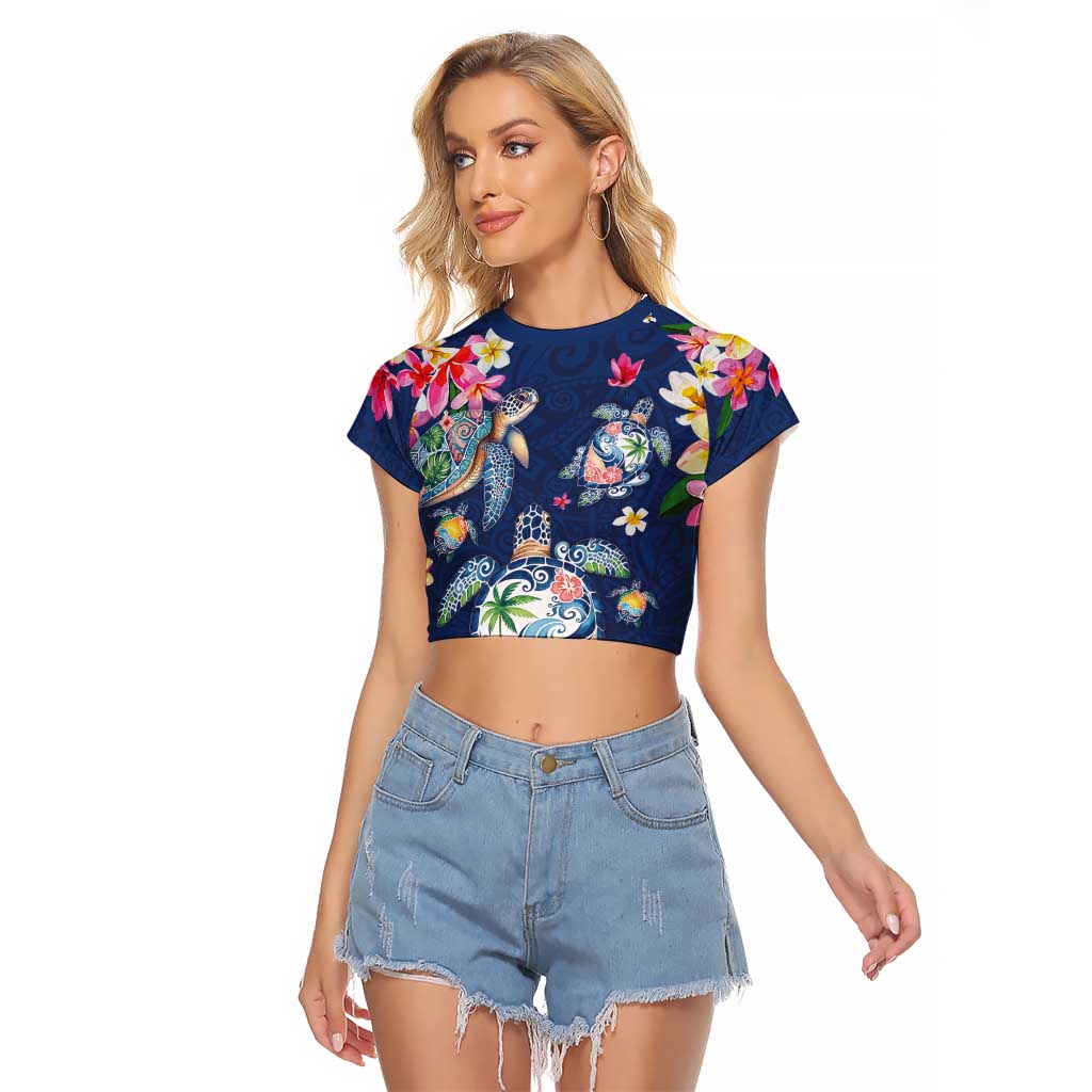 Hawaiian Turtles and Tropical Plants Raglan Cropped T Shirt Blue Watercolor LT03 Female Blue - Polynesian Pride