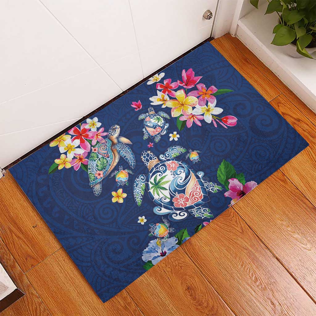 Hawaiian Turtles and Tropical Plants Rubber Doormat Blue Watercolor LT03 - Polynesian Pride