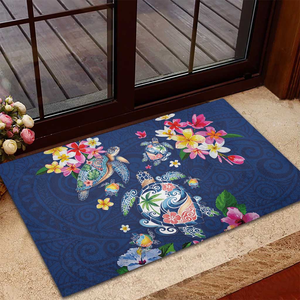 Hawaiian Turtles and Tropical Plants Rubber Doormat Blue Watercolor LT03 - Polynesian Pride