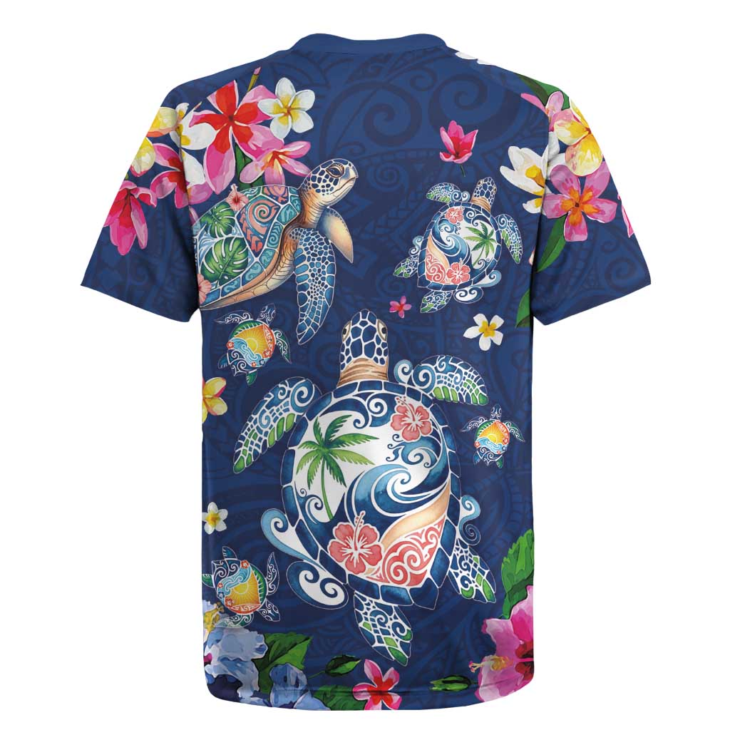 Hawaiian Turtles and Tropical Plants Rugby Jersey Blue Watercolor LT03 - Polynesian Pride