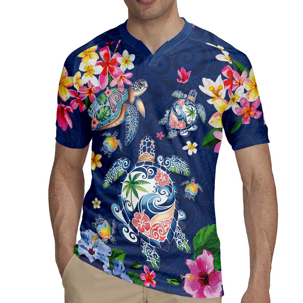 Hawaiian Turtles and Tropical Plants Rugby Jersey Blue Watercolor LT03 - Polynesian Pride