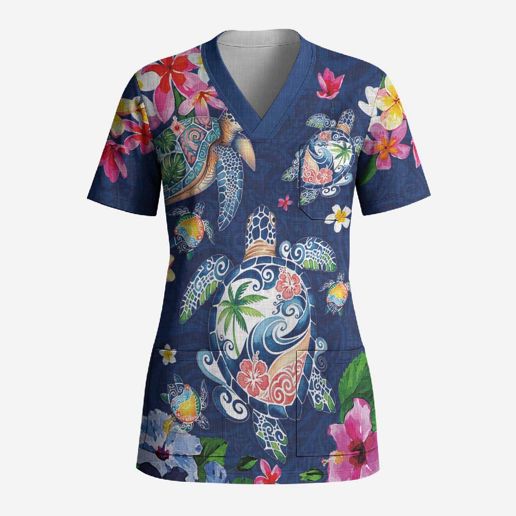 Hawaiian Turtles and Tropical Plants Scrub Top Blue Watercolor LT03 Adult Blue - Polynesian Pride